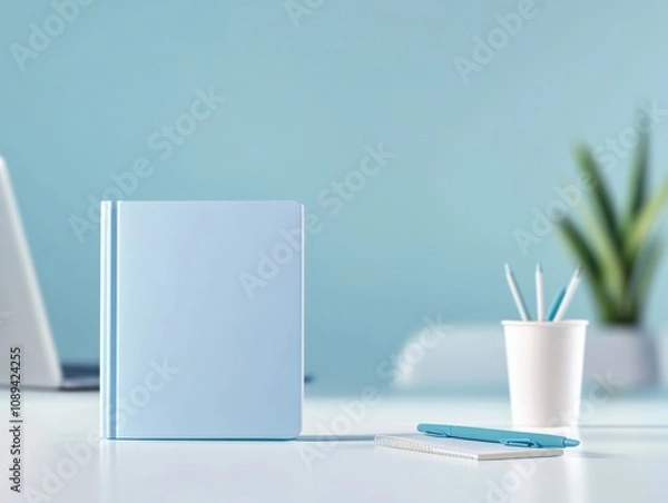 Fototapeta minimalist workspace with stationery and a notebook