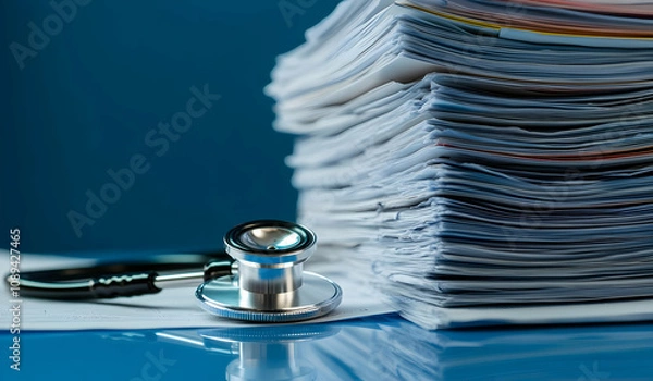 Fototapeta A stethoscope rests on medical documents beside a large stack of patient files on a blue surface.