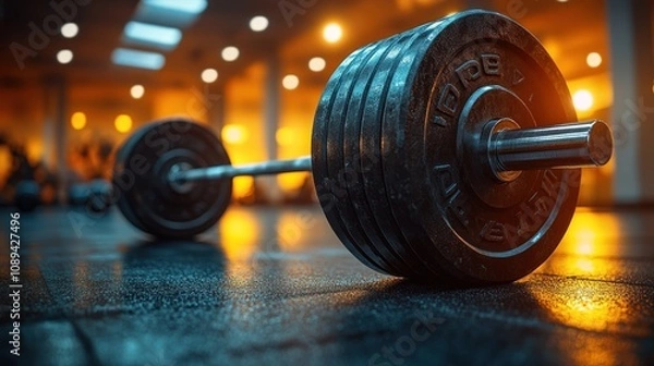 Fototapeta Loaded barbell resting on gym floor.