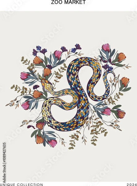 Obraz A poster of snakes and flowers on a light background, creating a vibrant and intricate design.