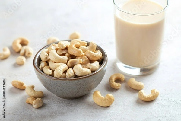 Fototapeta Bowl of cashews with glass of nut milk on table