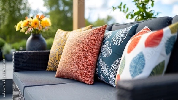 Fototapeta Beautifully crafted vibrant cushions made from fabric offcuts arranged on a stylish patio set under the open sky creating a cozy and inviting outdoor living space