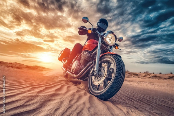 Fototapeta Riding into the sunset, a man on a motorcycle navigates the sandy dunes under dramatic clouds and vibrant sunset colors