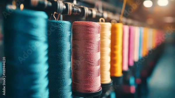 Fototapeta Colorful spools of thread in focus at a textile factory for home decor and fashion design production