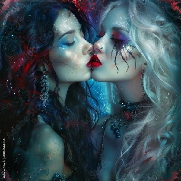 Fototapeta Two beautiful erotic women with long hair, facing each other and kissing, sensual dress in the style of harlequin makeup, in red, white, and blue colors.