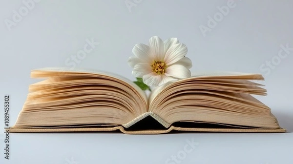Fototapeta Open book with white flower marking page