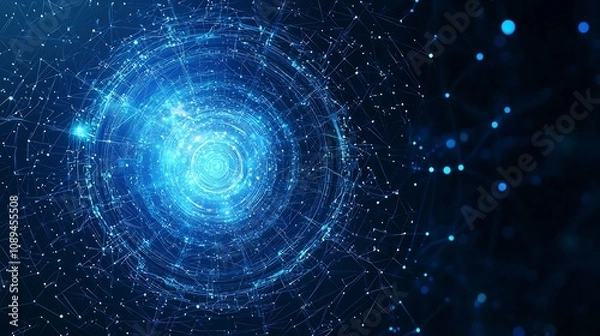 Fototapeta Cosmic atom icon with glowing interconnected orbits and sparkling particles set against a sleek polygonal blue technology background perfect for nuclear physics molecular science