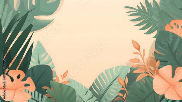 Fototapeta Tropical Botanical Background illustration with Lush Greenery and Peach Accents – Modern Nature Design