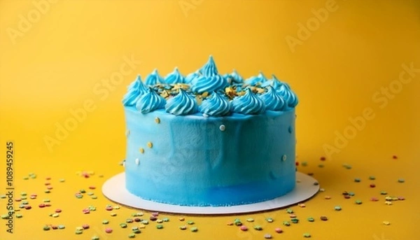 Fototapeta yellow background with blue buttercream birthday cake and colorful sprinkles