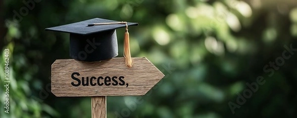 Fototapeta Graduation Cap Placed on a Wooden Road Sign Pointing to the Word  Success   Symbolizing the Direction and Goals Achieved Through Education and Determination