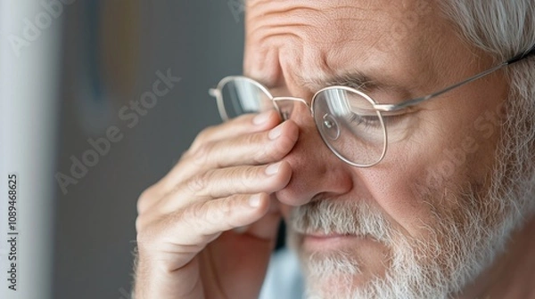 Fototapeta Mature old man, phone and vision problem, eyesight and myopia or glaucoma in office. Mobile, person and poor sight, squinting and manager struggle with reading blurry email online with glasses.