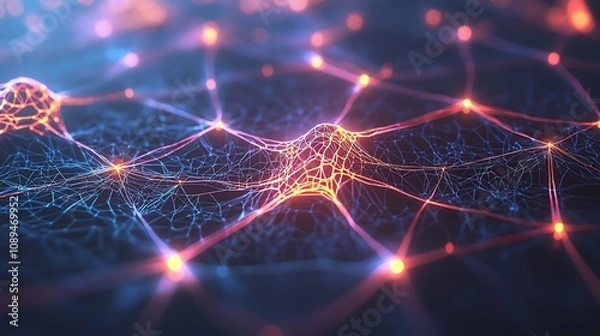 Fototapeta Glowing neural network visualization with hierarchical clustering nodes in distinct colors representing the complex interconnected structure of intelligence and data science