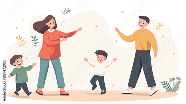 Fototapeta A joyful family scene with parents and two children dancing together, surrounded by a playful, colorful background.