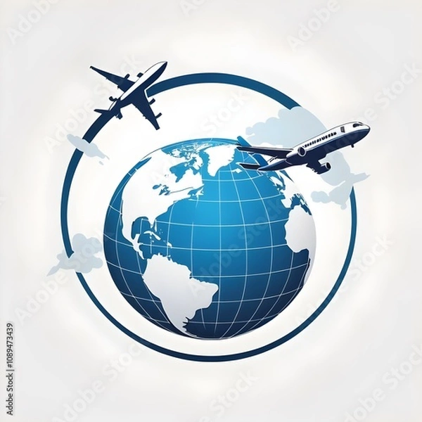 Fototapeta A globe icon with an airplane flying around it, centered on a transparent or white background. Represents global travel, exploration, and international connectivity.