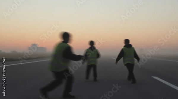 Fototapeta Sunset on the runway, abstract image, silhouettes of children in reflective vests running and playing