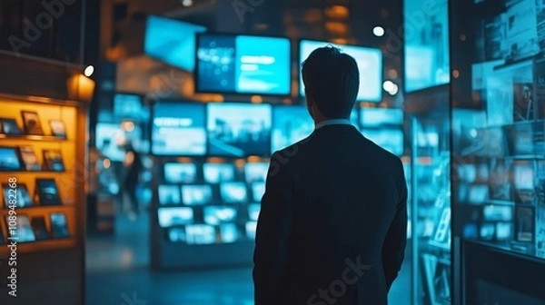 Obraz Businessman Contemplating Data on Digital Screens