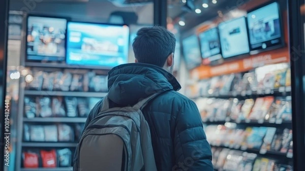 Obraz Man Browsing a Modern Retail Store at Night