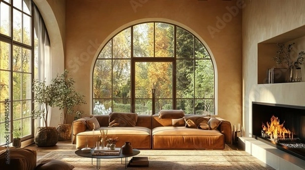 Obraz Autumnal Living Room with Arch Window and Fireplace