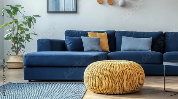 Obraz Sophisticated Living Room Design with Blue Sofa and Mustard Accent