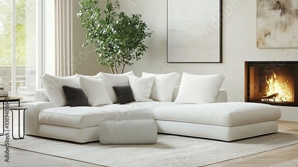 Obraz Modern White Sectional Sofa with Fireplace and Plant