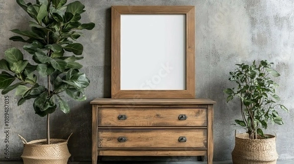 Obraz Rustic Wooden Chest with Plants and Frame