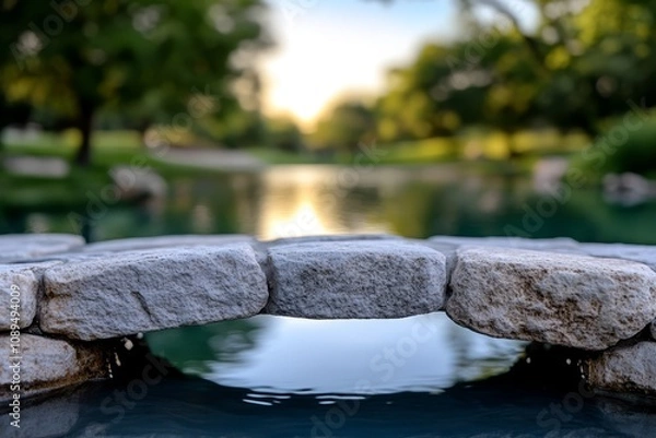 Fototapeta  a stone bridge over a pond in a park, with the water reflecting the trees and sky in the background The image is slightly blurred, giving it a dreamy, ethereal fee