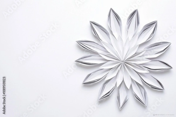 Fototapeta Christmas origami, A delicate, symmetrical snowflake design made from paper, set against a minimalist white background.