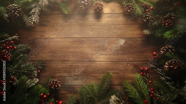 Fototapeta Pine leaves and Christmas decorations on wooden  background.