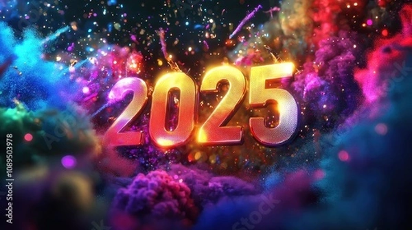 Fototapeta Sleek 2025 3D typography with glossy finish surrounded by colorful light bursts and powder explosions..