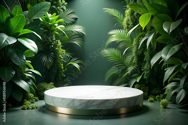 Obraz A serene display space surrounded by lush green plants, featuring a circular marble platform illuminated by soft lighting, perfect for product showcases.