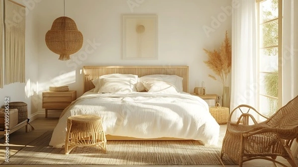 Fototapeta Elegant and Cozy Modern Bedroom Interior Design with Stylish Decor, mockup, poster and Background