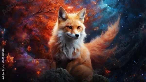 Obraz A red fox with flowing fur stands in a mystical forest with a swirling, starry sky.