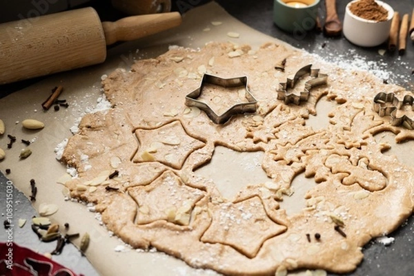 Obraz Weihnachtskekse backen - Spekulatius Teig aus Dinkel- und Mandelmehl und selbstgemachter Gewürzmischung
