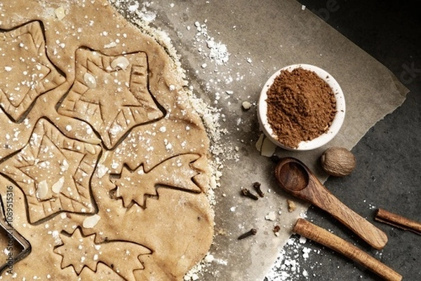 Obraz Weihnachtskekse backen - Spekulatius Teig aus Dinkel- und Mandelmehl und selbstgemachter Gewürzmischung

