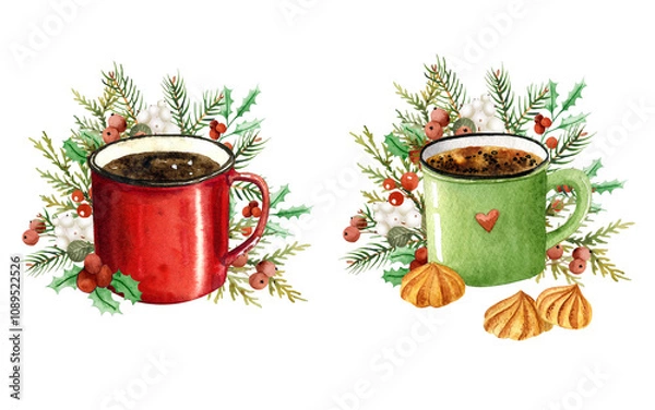 Fototapeta Watercolor winter cup of coffee. Cozy hot drink in Christmas mug for celebration mood. Winter greenery decoration with red berry and spruce branches