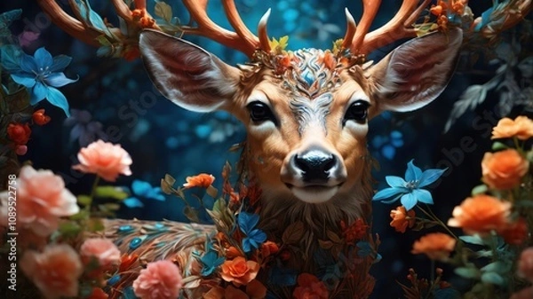 Obraz A deer with antlers adorned with flowers and leaves, surrounded by a vibrant blue and orange floral backdrop, looks directly at the viewer.