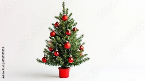 Fototapeta Small Christmas tree in red pot with decorations on white