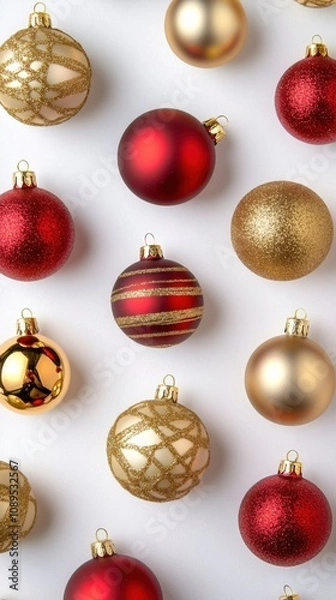 Obraz Christmas decoration and ornament, A festive arrangement of red and gold Christmas ornaments, showcasing various textures and designs on a light background.