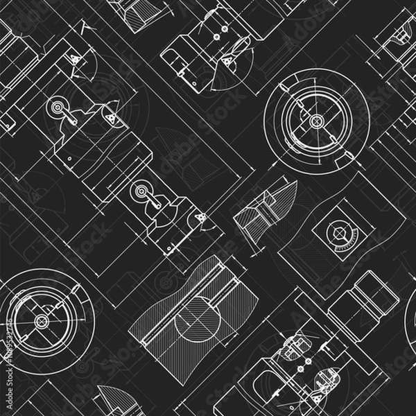 Fototapeta Mechanical engineering drawings on black background. Tap tools, borer. Technical Design. Cover. Blueprint. Seamless pattern. Vector illustration.