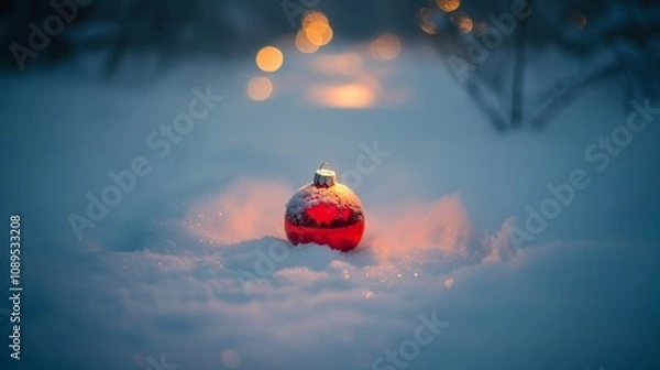Fototapeta A Single Red Ornament Rests In Winter Snow