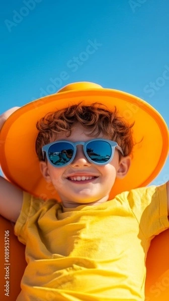 Obraz A cheerful boy wearing sunglasses and a bright yellow hat enjoys a sunny day at the beach, smiling for the camera in clear blue skies