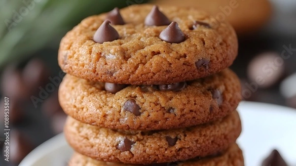 Fototapeta A stack of freshly baked chocolate chip cookies on a plate.