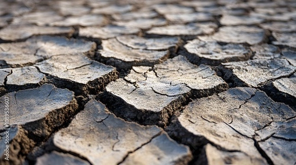 Fototapeta Dry cracked earth surface in a desert landscape showing signs of drought.
