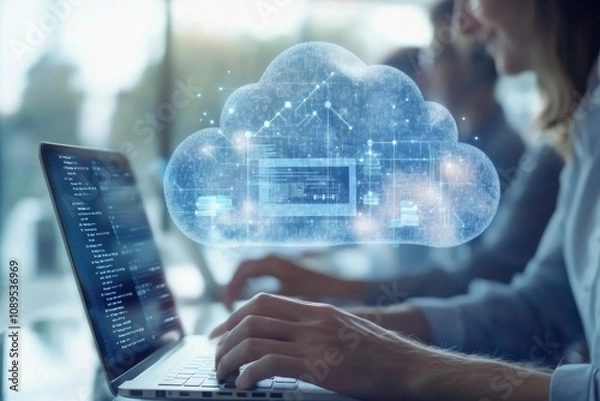 Fototapeta A person working on their laptop while surrounded by clouds, representing creativity and inspiration