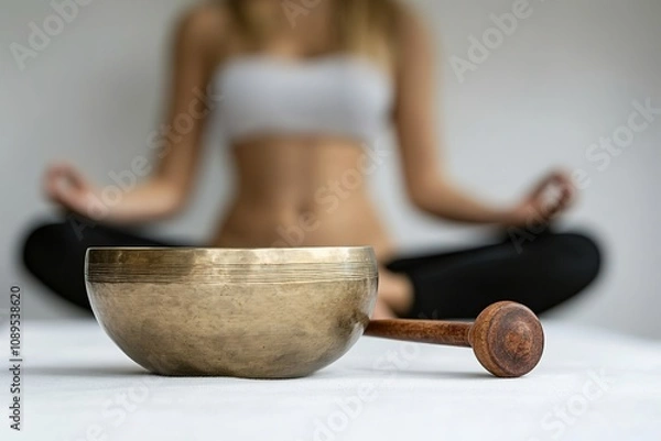 Fototapeta Meditation session with singing bowl, focus on relaxation