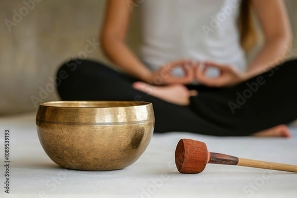 Fototapeta Meditation bowl with mallet near person in lotus pose
