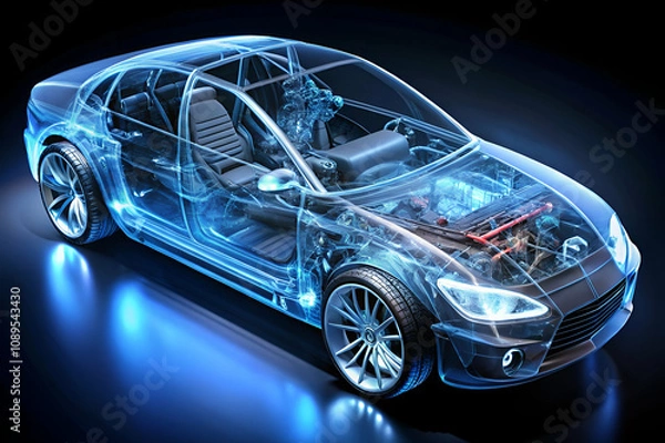 Fototapeta A futuristic, transparent car model showcasing its internal components with glowing blue accents against a dark background.