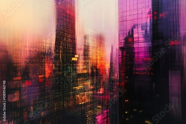 Fototapeta Blurred high-rise buildings with glowing data overlay patterns