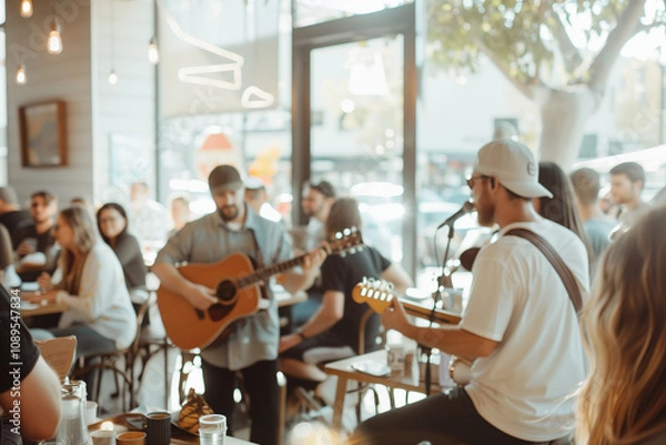 Obraz A live music event taking place in the coffee shop with a small stage and audience