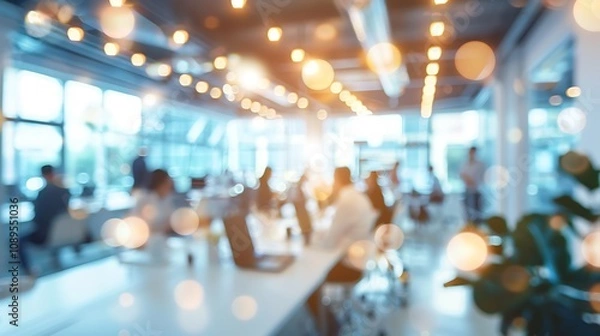 Fototapeta A modern office space bustling with activity and warm lighting, fostering collaboration and creativity.